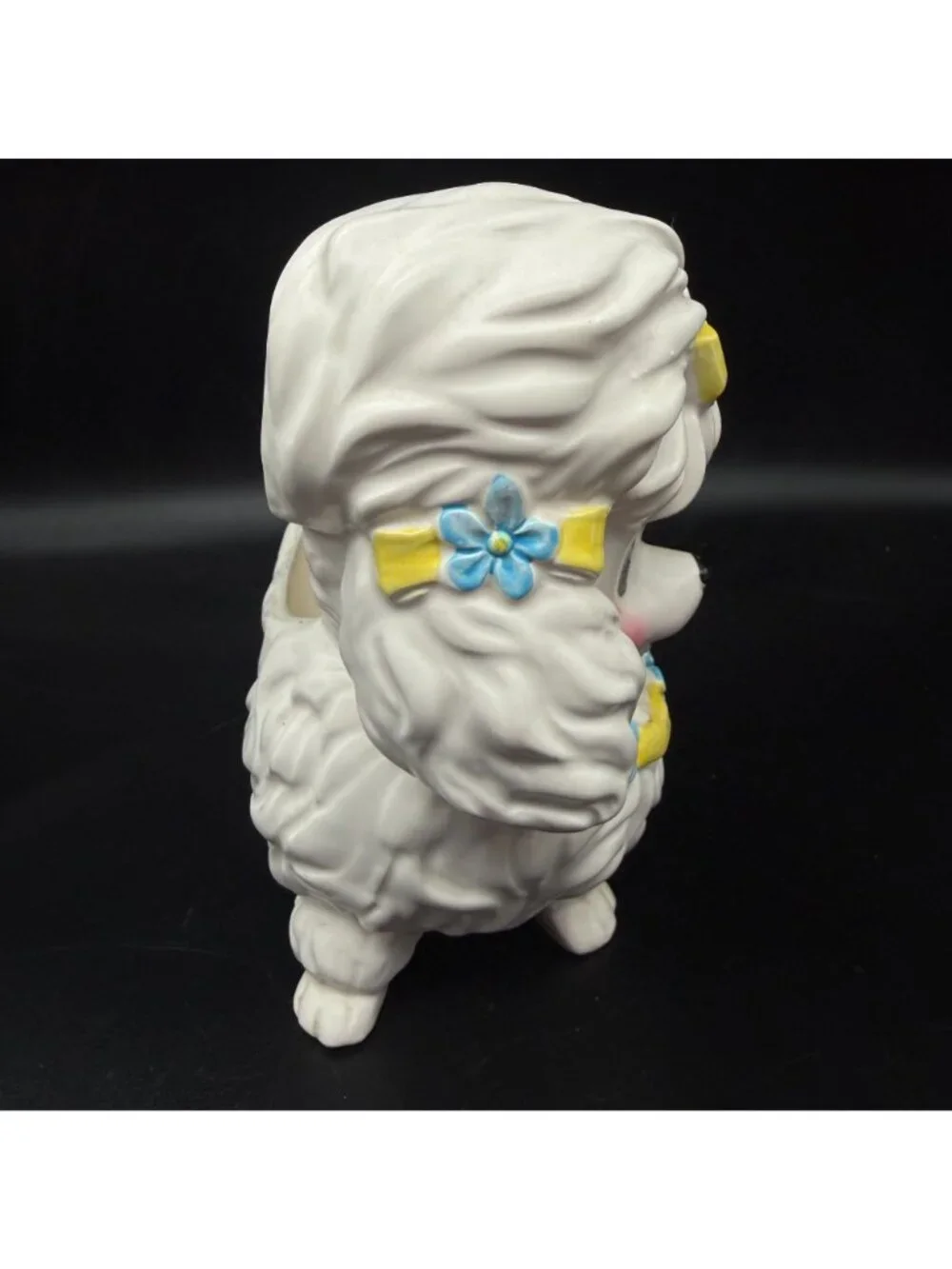 Vtg White Poodle Dog Planter Hand Painted Ceramic Bows Flowers MCM Import Kitsch